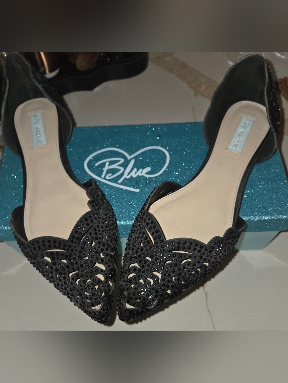 Blue by Betsey Johnson Black Laser-Cut Rhinestone D'Orsay Flats Size 11